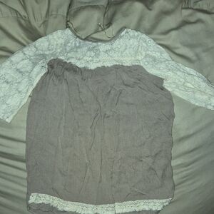 Umgee Lace Accent Blouse in Cream and Gray